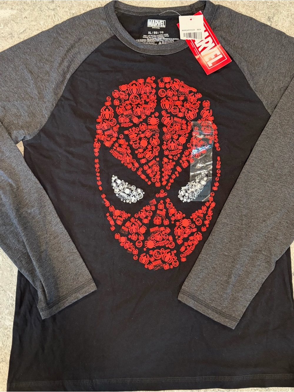 Marvel Spiderman Long Sleeve Raglan Tee in Black & Gray Kids XL 18/20 NWT